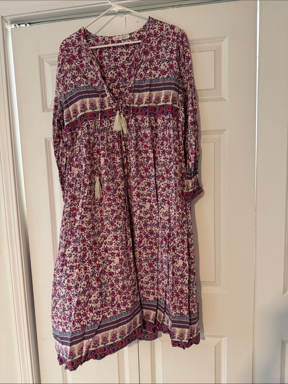 Boho Floral Tassel V-Neck Women’s Dress - Pink